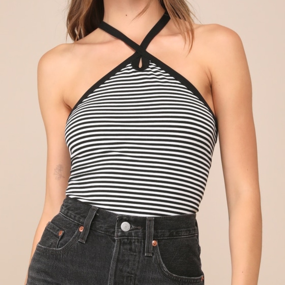 Lulus Delightful Pose Black Striped Ribbed Knit Keyhole Halter Top - Size XS